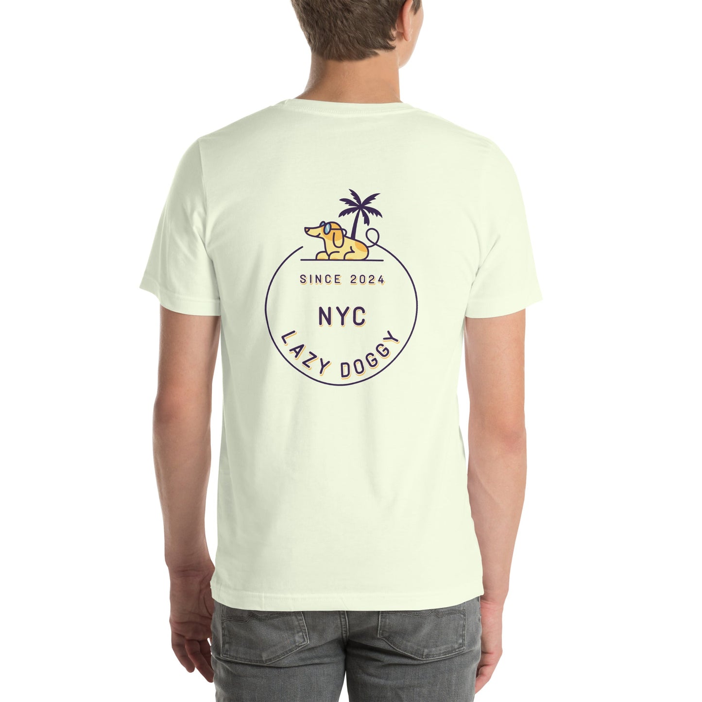 Sunny Lazy Doggy Logo Front & NYC Logo Back Unisex T-Shirt - Lazy Doggy