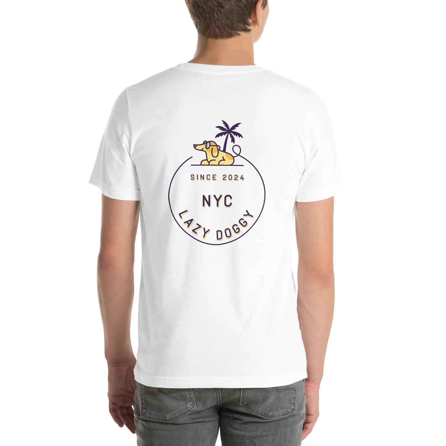 Sunny Lazy Doggy Logo Front & NYC Logo Back Unisex T-Shirt - Lazy Doggy