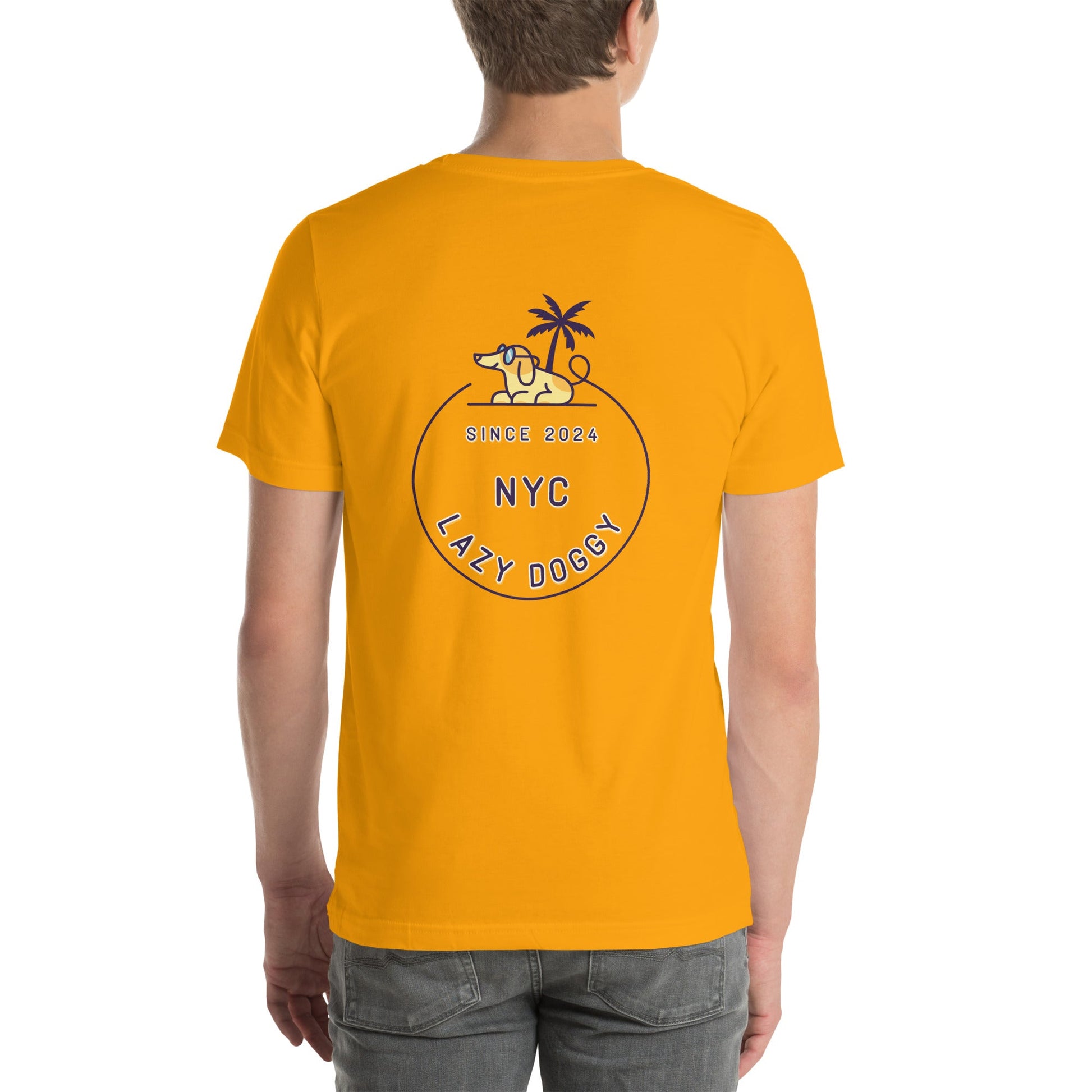 Sunny Lazy Doggy Logo Front & NYC Logo Back Unisex T-Shirt - Lazy Doggy