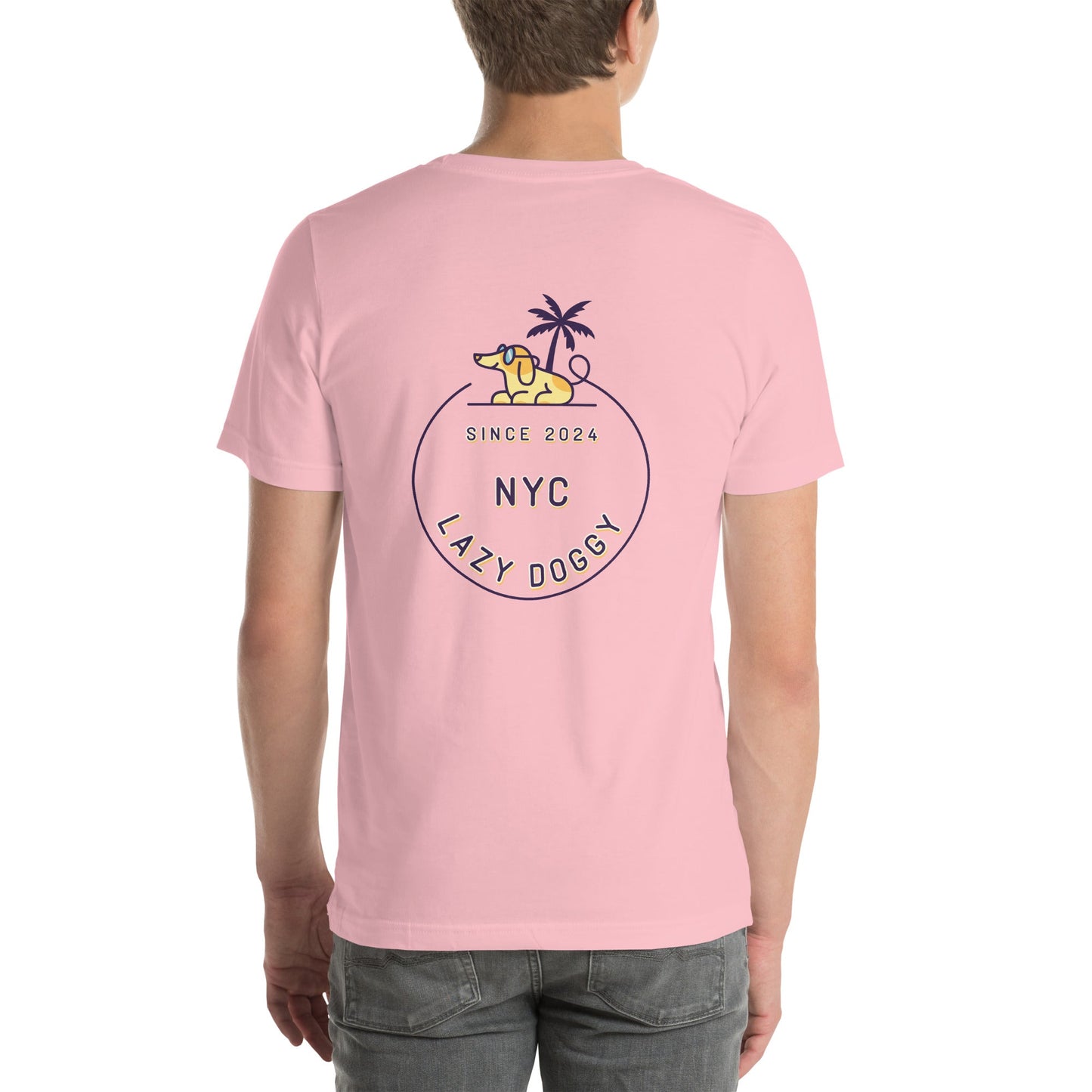 Sunny Lazy Doggy Logo Front & NYC Logo Back Unisex T-Shirt - Lazy Doggy